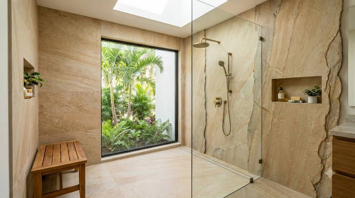 Frameless walk-in shower design in a Sarasota bathroom