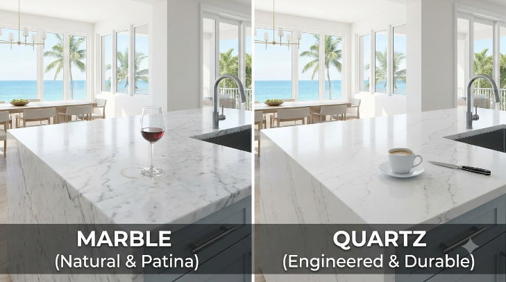 Marble and quartz countertop comparison in a Sarasota kitchen remodel