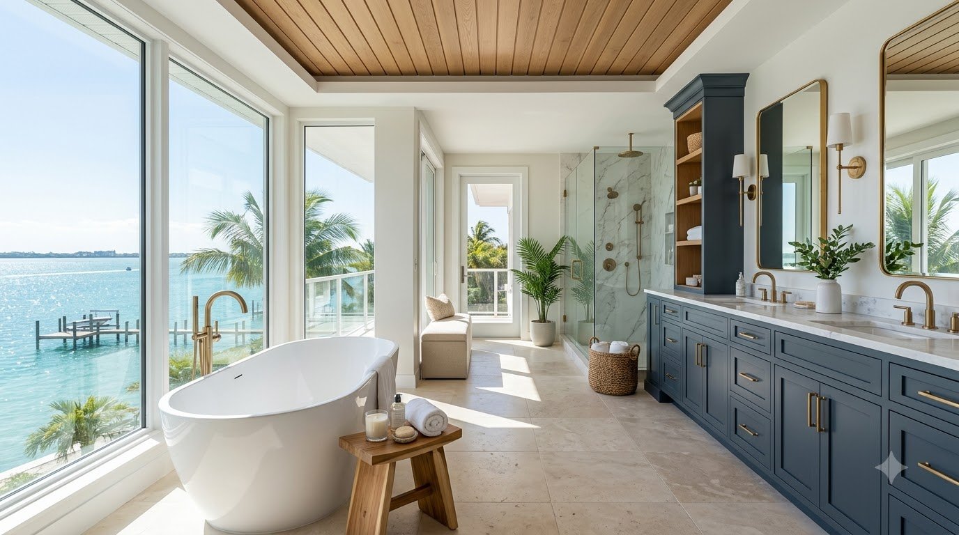 spa bathroom with a water view